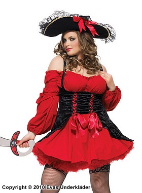 Kvinnlig pirat, maskeradklänning med cold shoulder, snörning, sammet och volanger, plus size